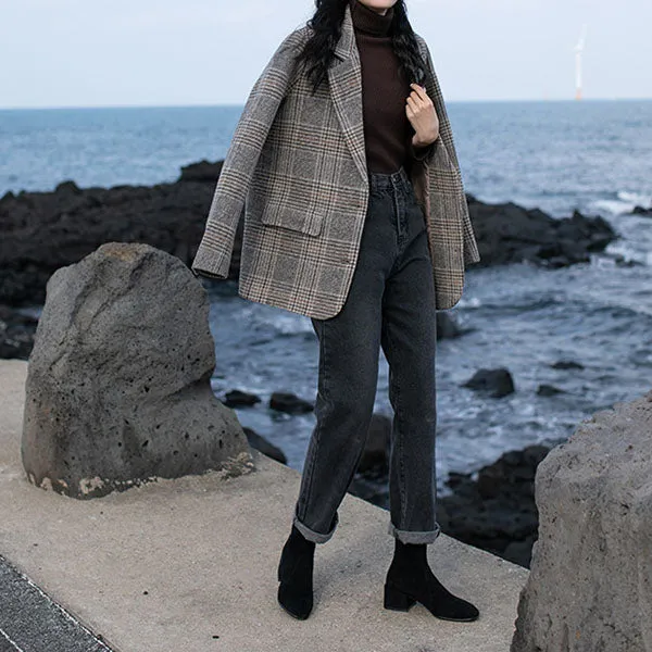Double Breasted Khaki Lapel Collar Checkered Blazer Suit Womens