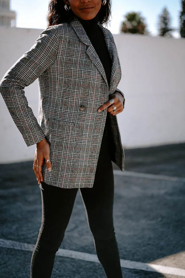 Double Breasted Khaki Lapel Collar Checkered Blazer Suit Womens