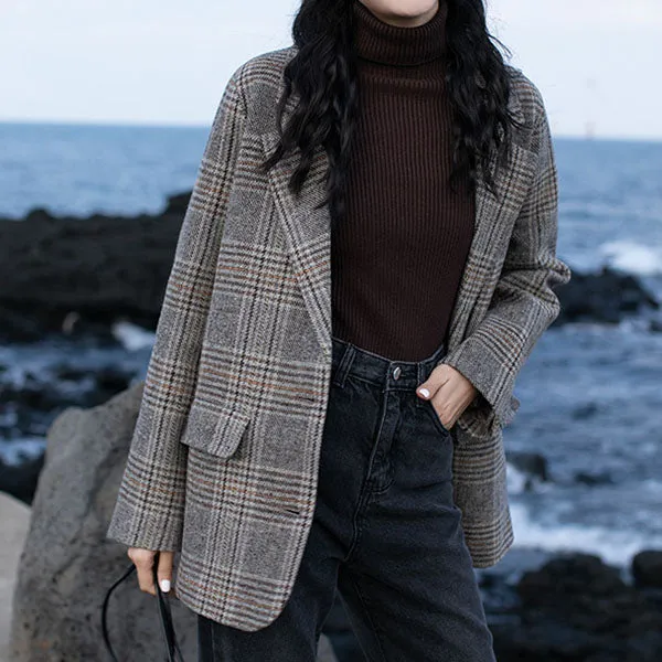 Double Breasted Khaki Lapel Collar Checkered Blazer Suit Womens