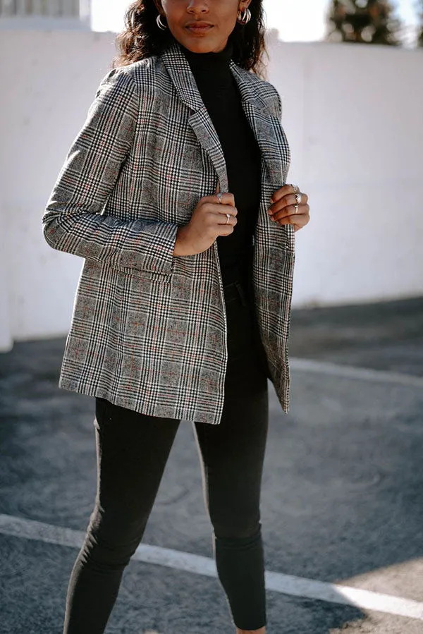 Double Breasted Khaki Lapel Collar Checkered Blazer Suit Womens