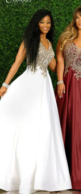 Envious Couture E1512 Size 14 Ivory Gold Prom Dress Long Satin Plunging Neck A Line Gown