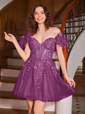 Feather Adorned Off-the-shoulder Cocktail Dress Orchid