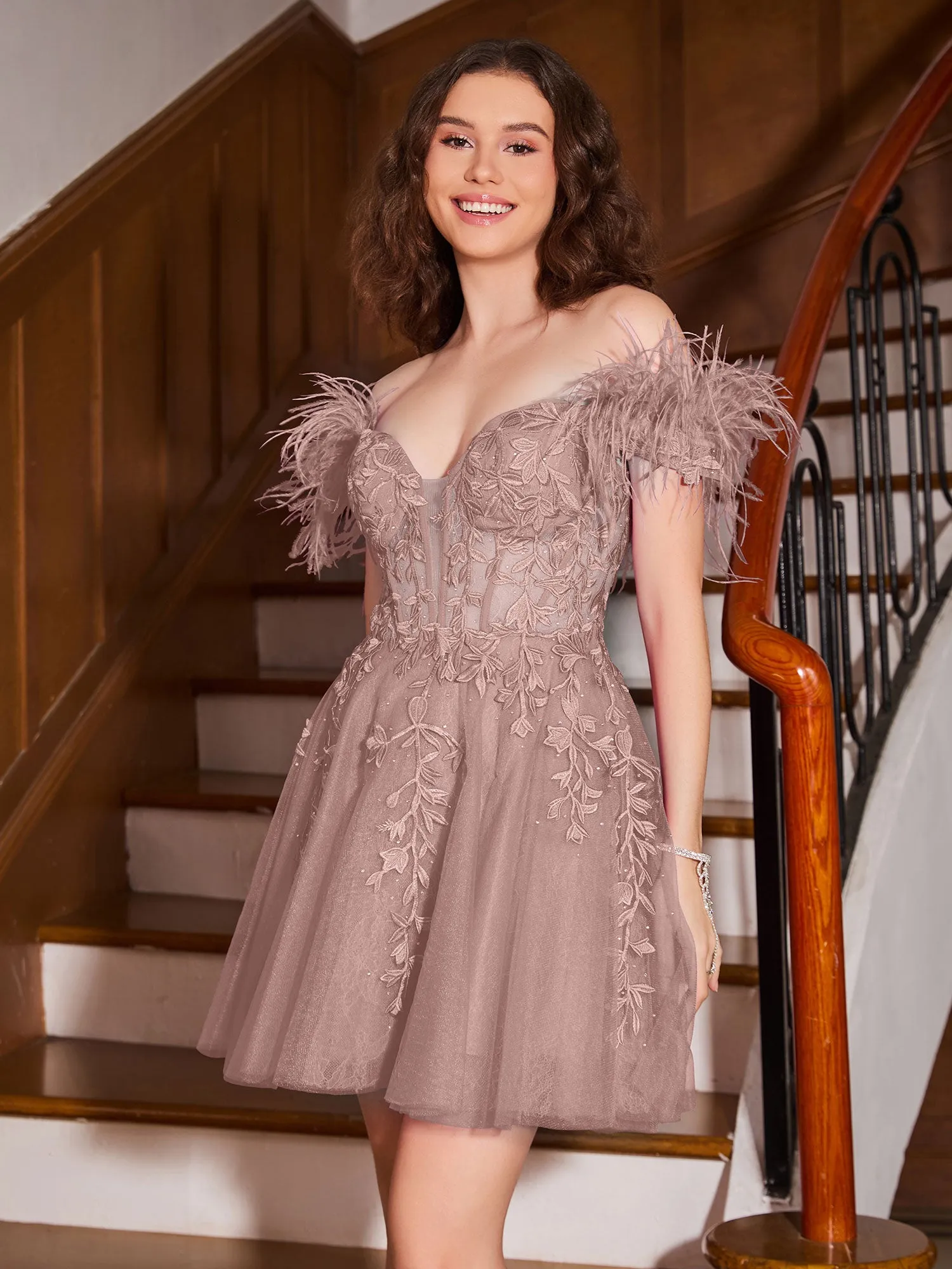 Feather Adorned Off-the-shoulder Cocktail Dress Vintage Mauve