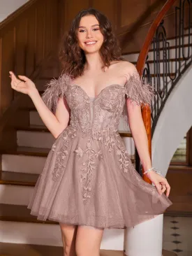 Feather Adorned Off-the-shoulder Cocktail Dress Vintage Mauve
