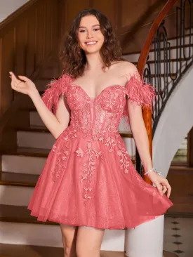 Feather Adorned Off-the-shoulder Cocktail Dress Watermelon