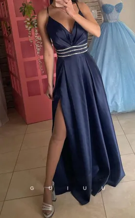 G3905 - A-Line V Neck Straps Sleeveless Pleated Crystal Long Prom Dress with Slit