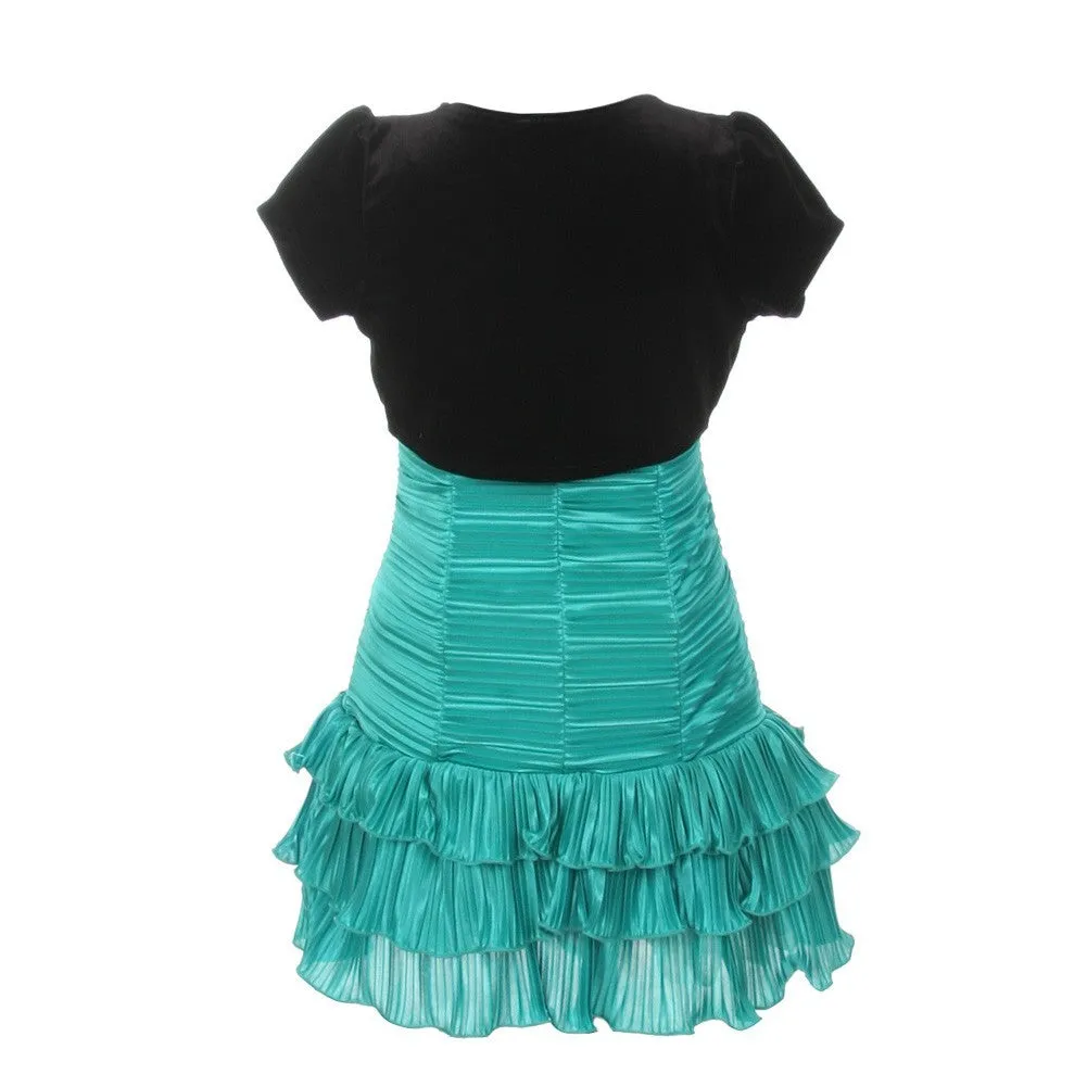 Girls Jade Black Pleated Tiered Velveteen Bolero 2 Pc Dress Outfit 2-8
