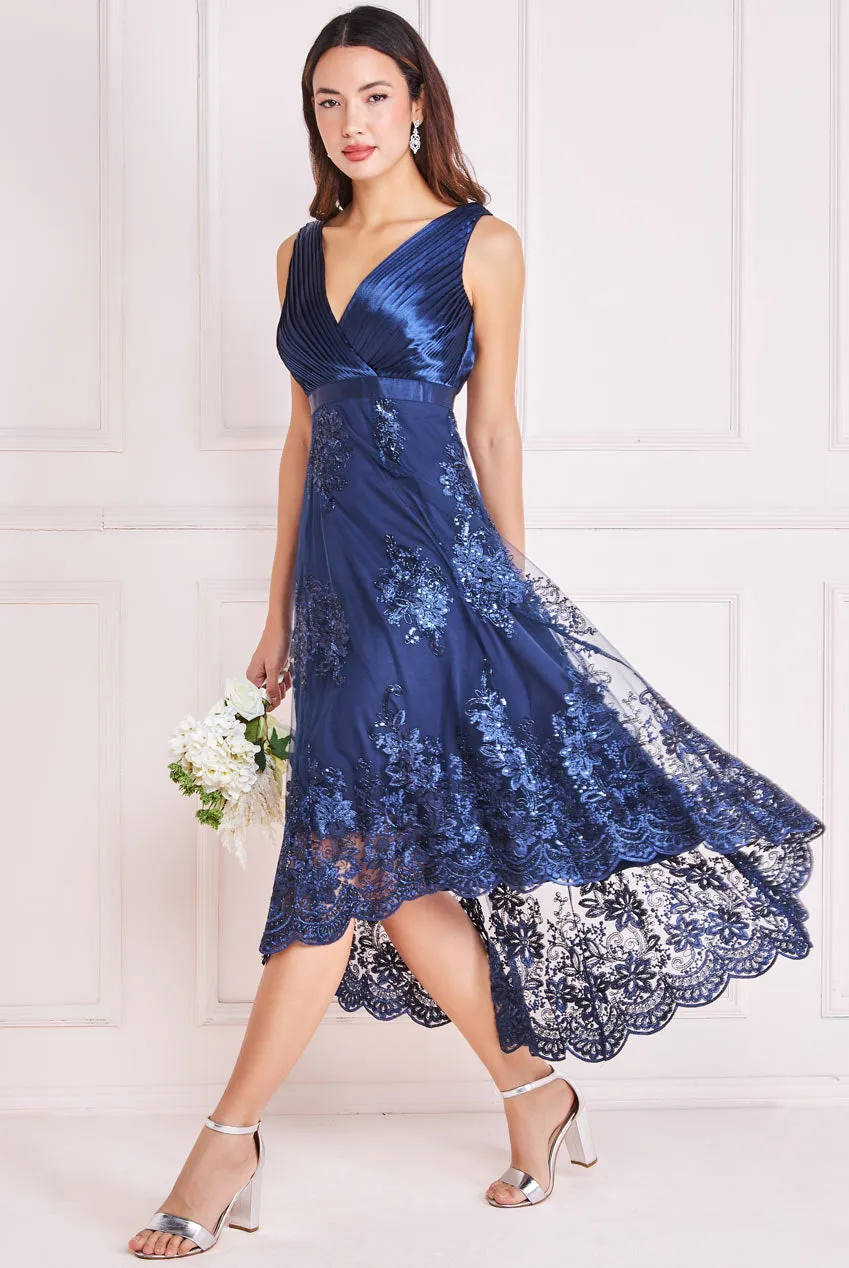 Goddiva Pleated Satin V Neck High And Low Midi Dress