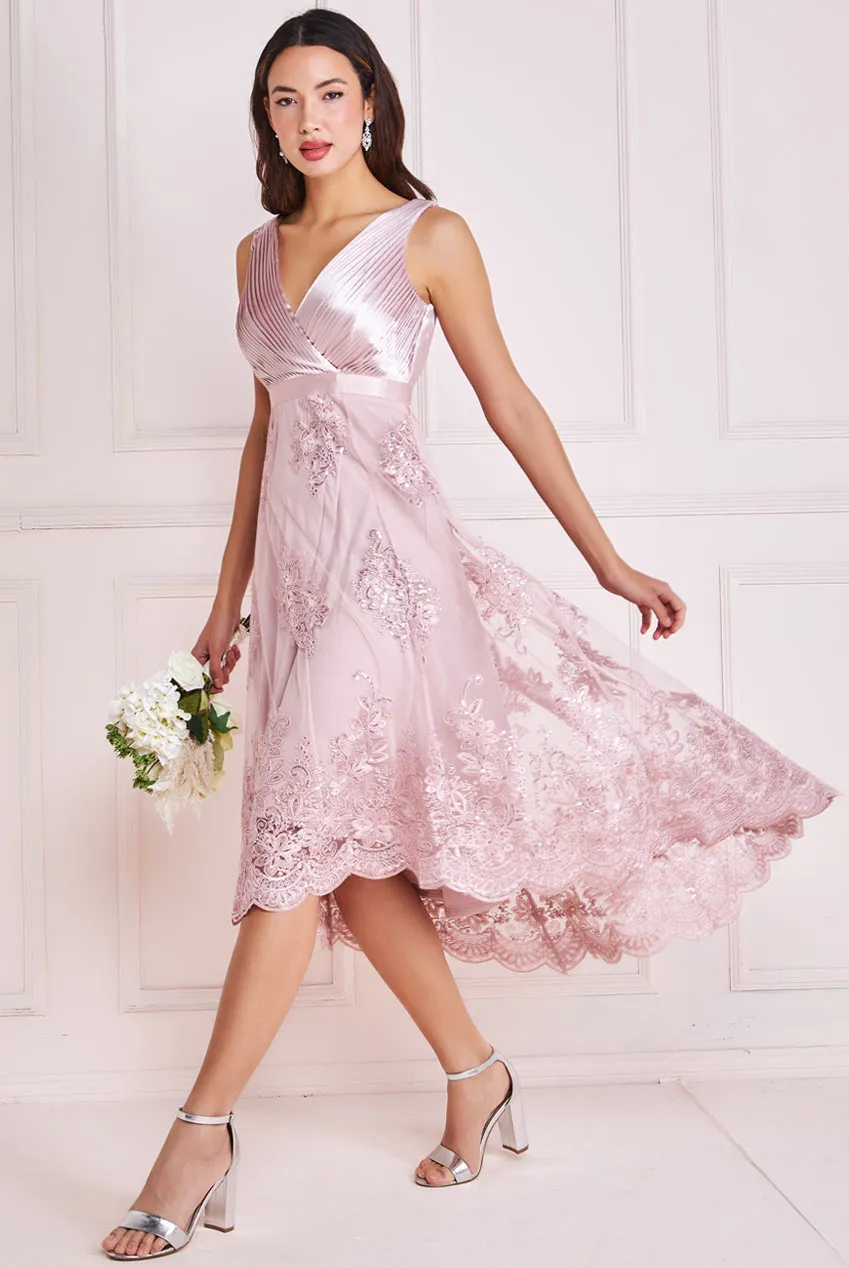 Goddiva Pleated Satin V Neck High And Low Midi Dress