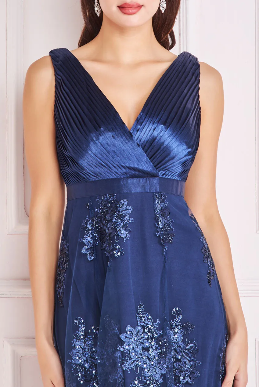 Goddiva Pleated Satin V Neck High And Low Midi Dress