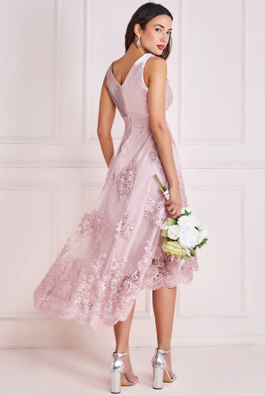 Goddiva Pleated Satin V Neck High And Low Midi Dress