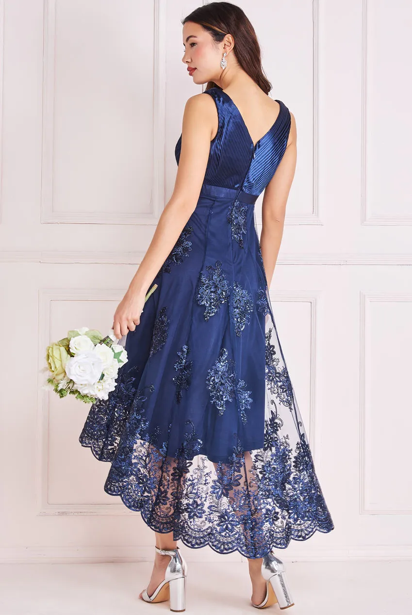 Goddiva Pleated Satin V Neck High And Low Midi Dress