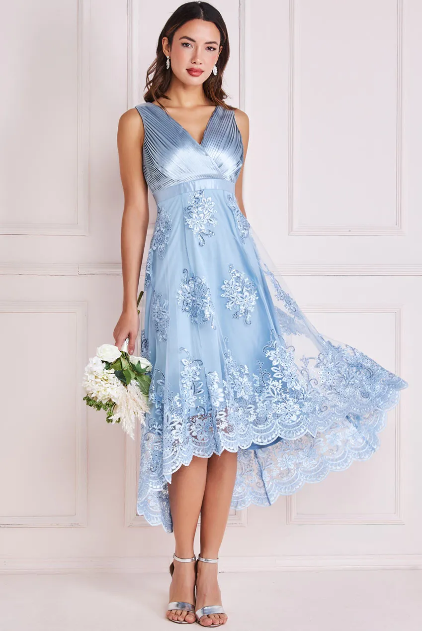 Goddiva Pleated Satin V Neck High And Low Midi Dress