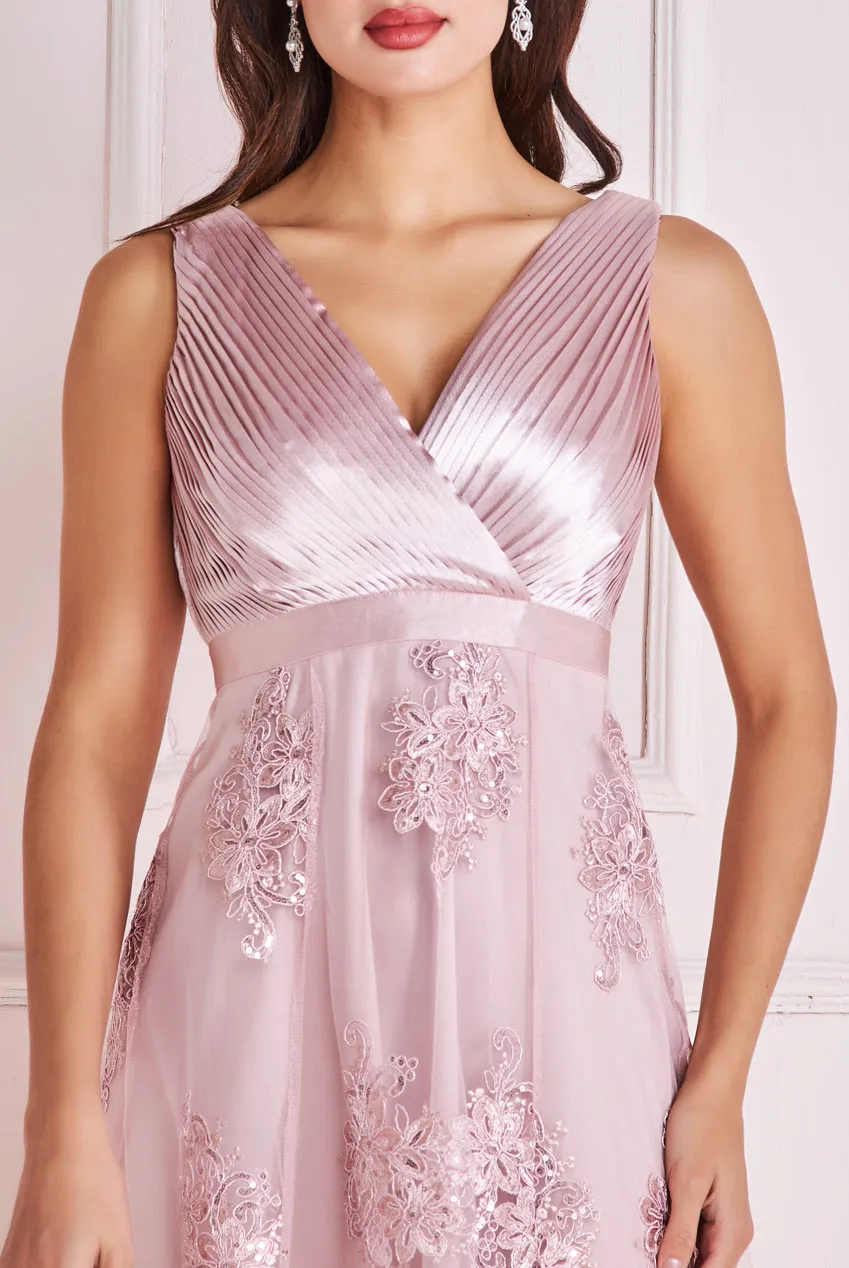 Goddiva Pleated Satin V Neck High And Low Midi Dress