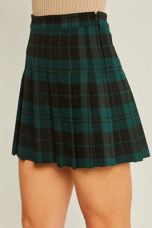 Green Plaid Print Pleated Skirt