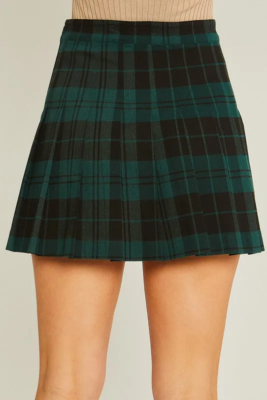 Green Plaid Print Pleated Skirt