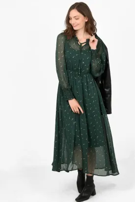 Green Shooting Star Print Shirred Shoulder Midi Dress
