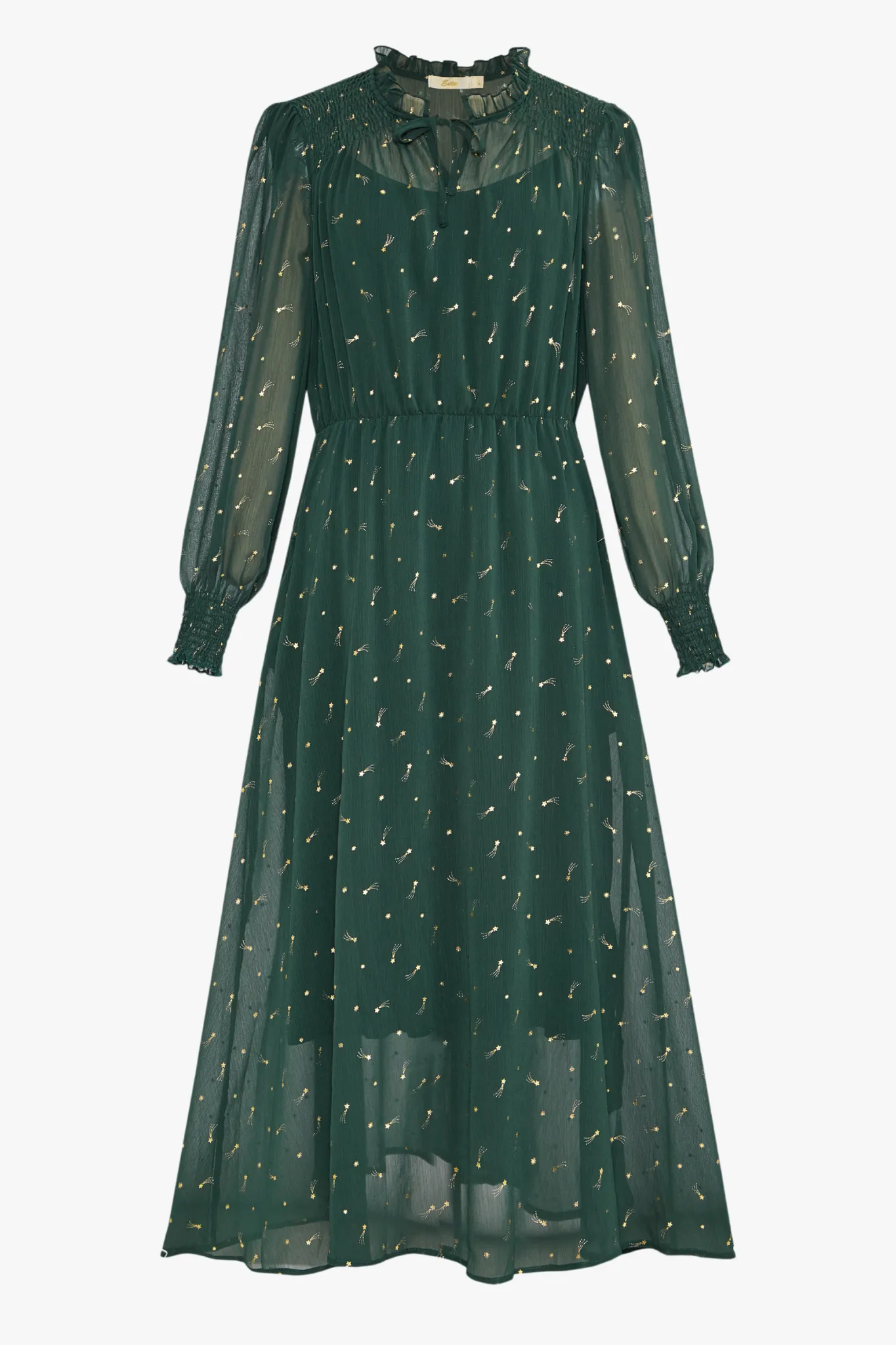 Green Shooting Star Print Shirred Shoulder Midi Dress