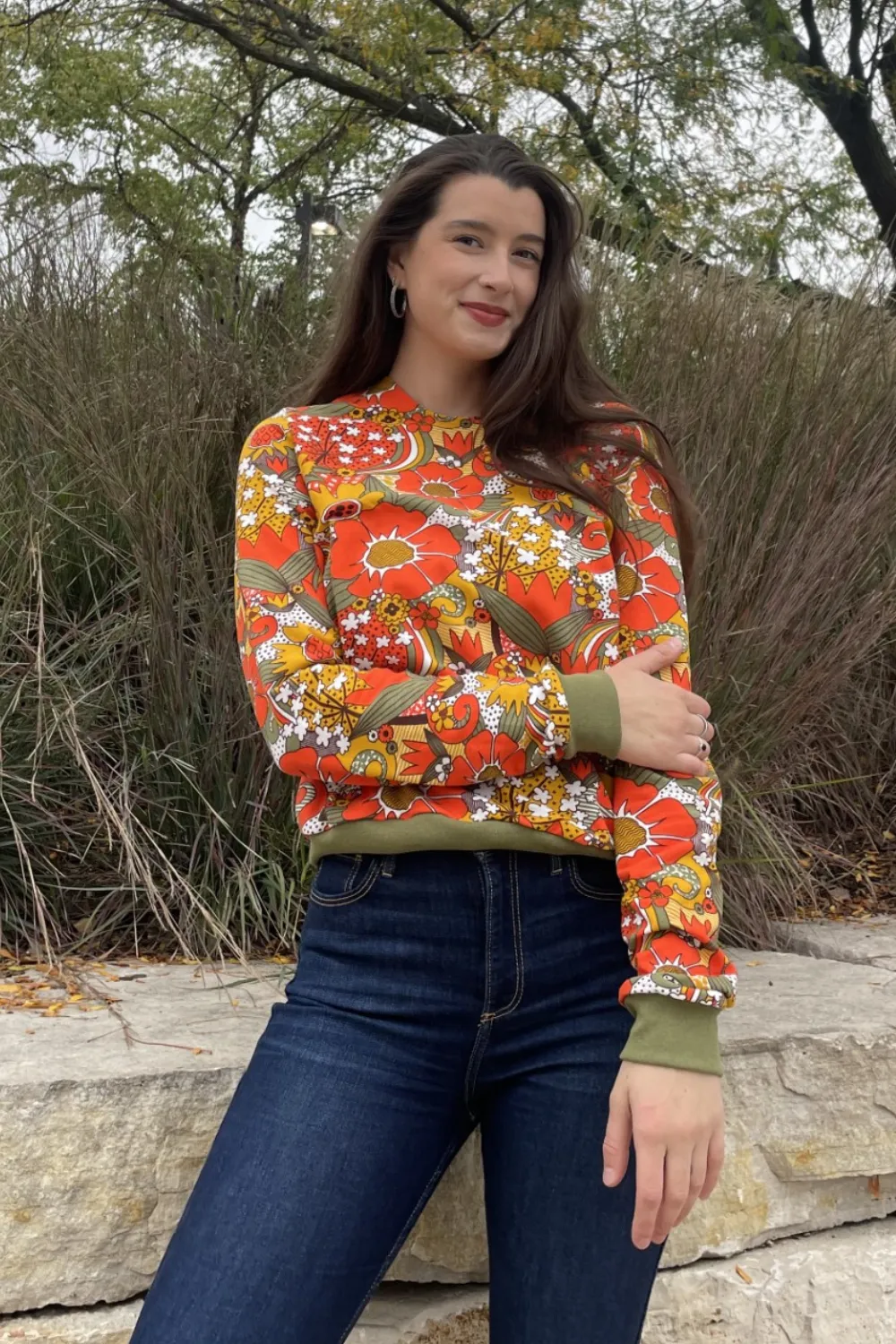 Groovy Floral Pullover in Olive & Orange