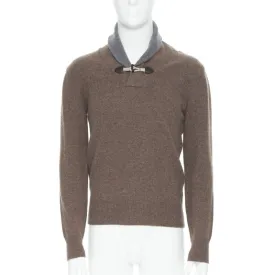 HACKETT Merino Cashmere brown grey shawl collar toggle pullover sweater XS