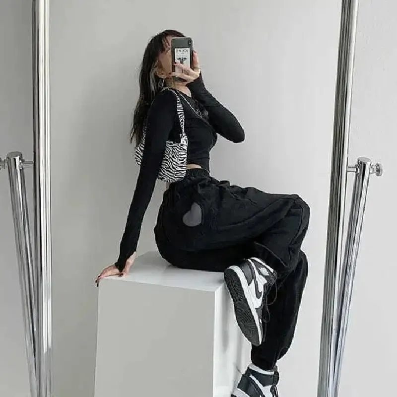 Heart Solid Color High Waist Baggy Sweatpants