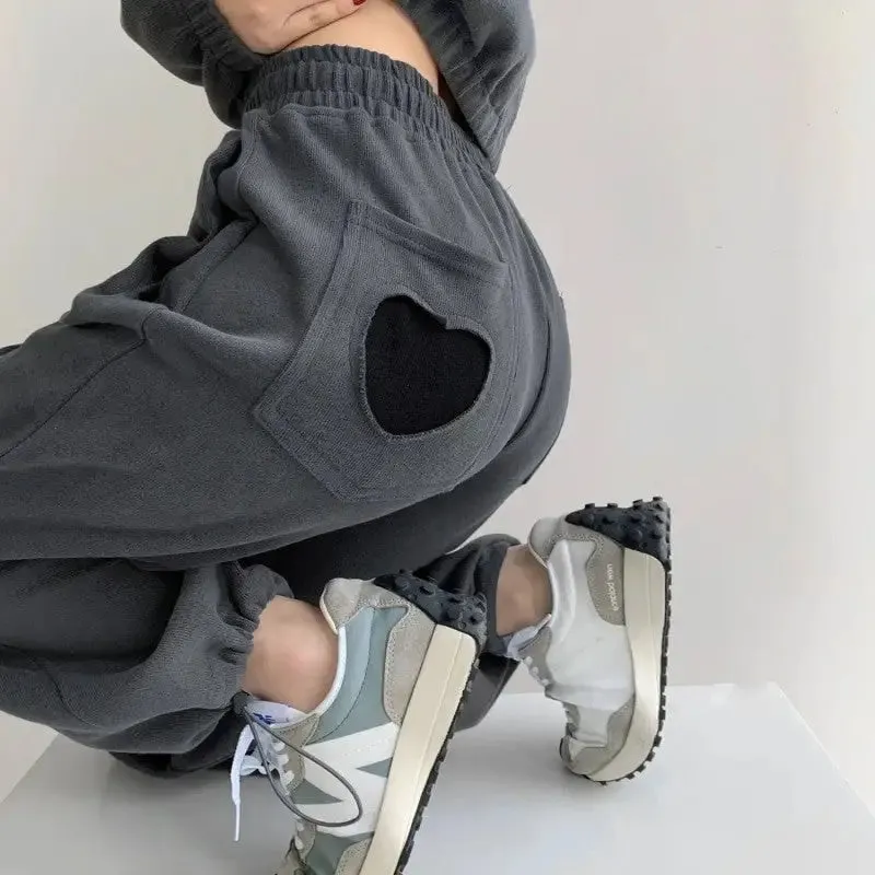 Heart Solid Color High Waist Baggy Sweatpants