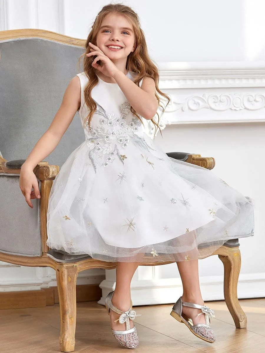 High Waist Embroidered Bodice Sleeveless Flower Girl A-Line Dress