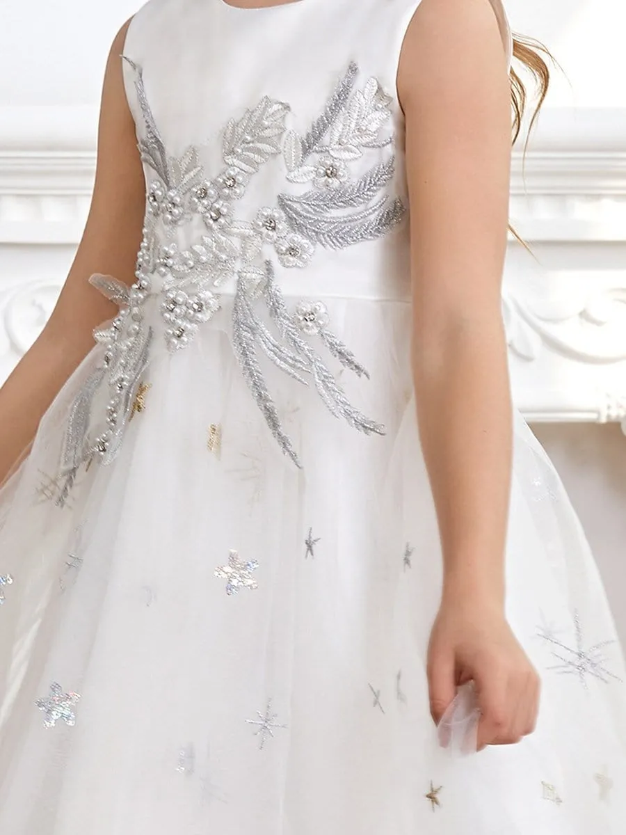 High Waist Embroidered Bodice Sleeveless Flower Girl A-Line Dress