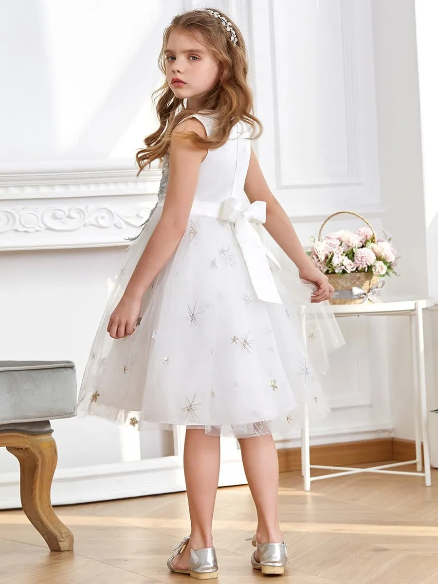 High Waist Embroidered Bodice Sleeveless Flower Girl A-Line Dress