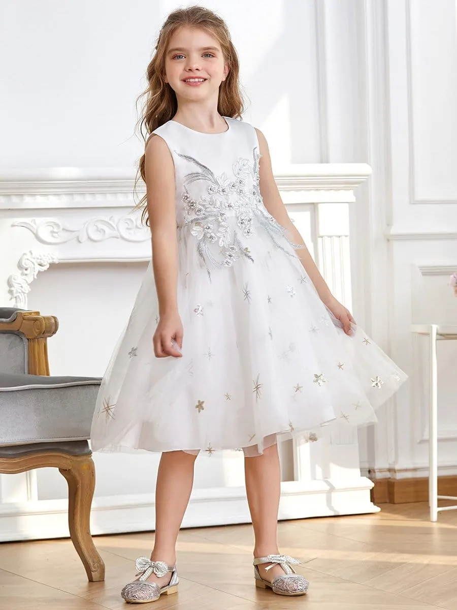 High Waist Embroidered Bodice Sleeveless Flower Girl A-Line Dress