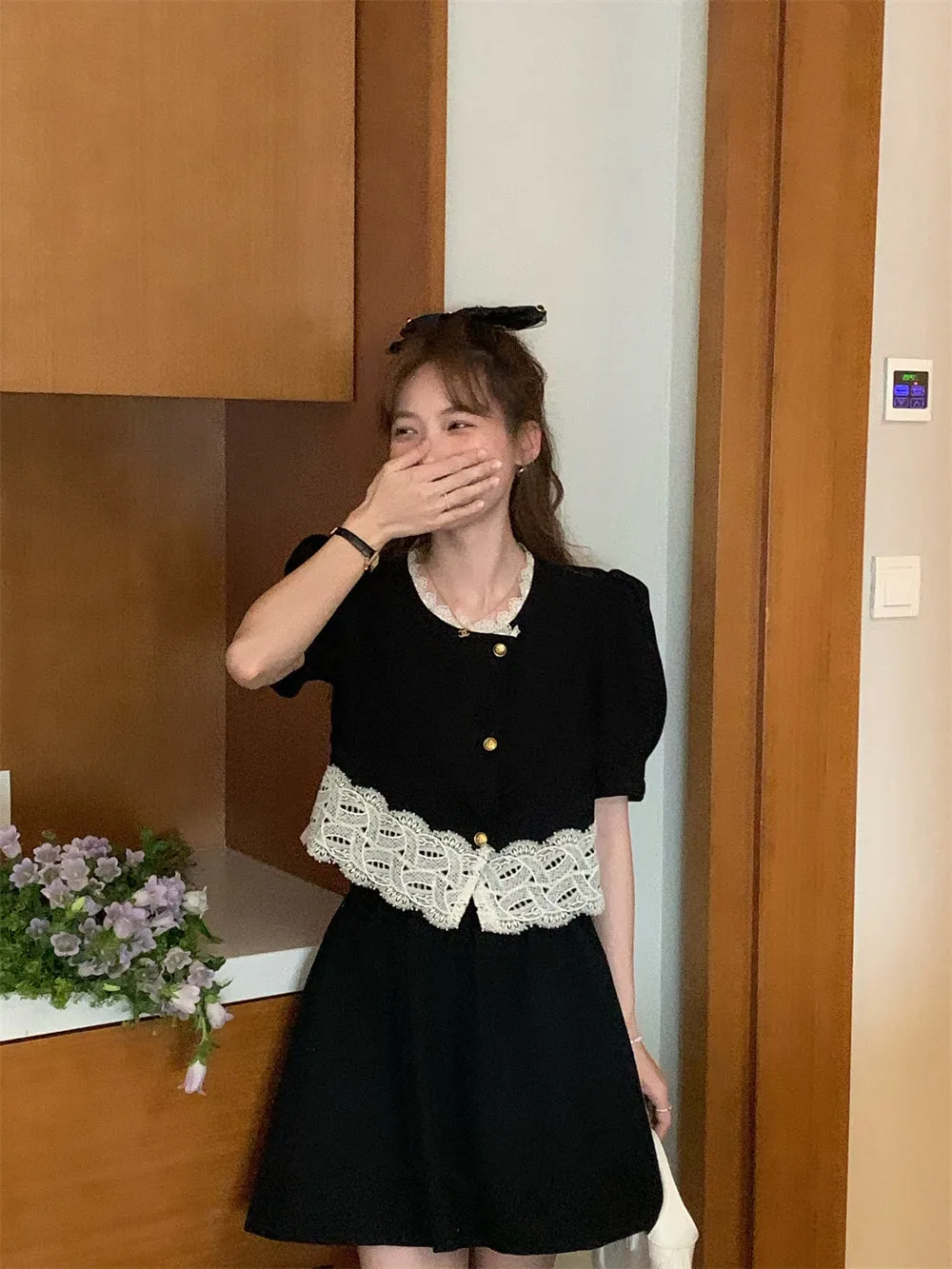 [Korean Style] Black Puff Sleeve Lace Shirt Skirt 2 pc Set