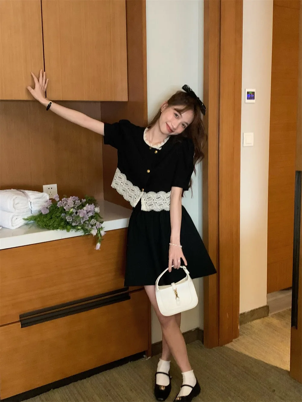 [Korean Style] Black Puff Sleeve Lace Shirt Skirt 2 pc Set