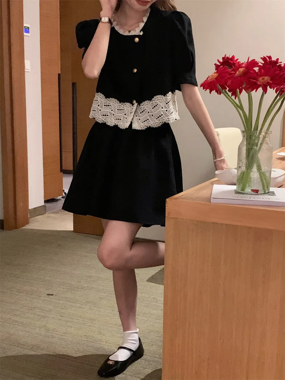 [Korean Style] Black Puff Sleeve Lace Shirt Skirt 2 pc Set
