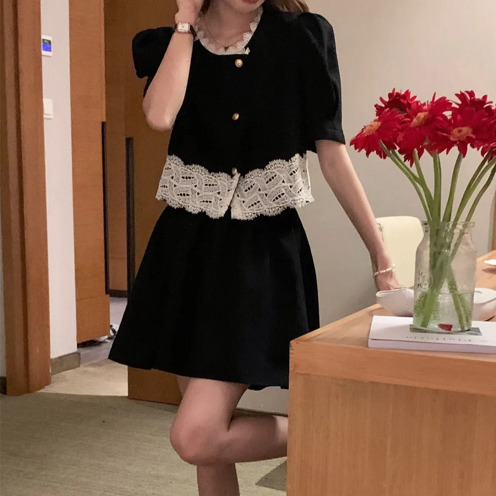 [Korean Style] Black Puff Sleeve Lace Shirt Skirt 2 pc Set