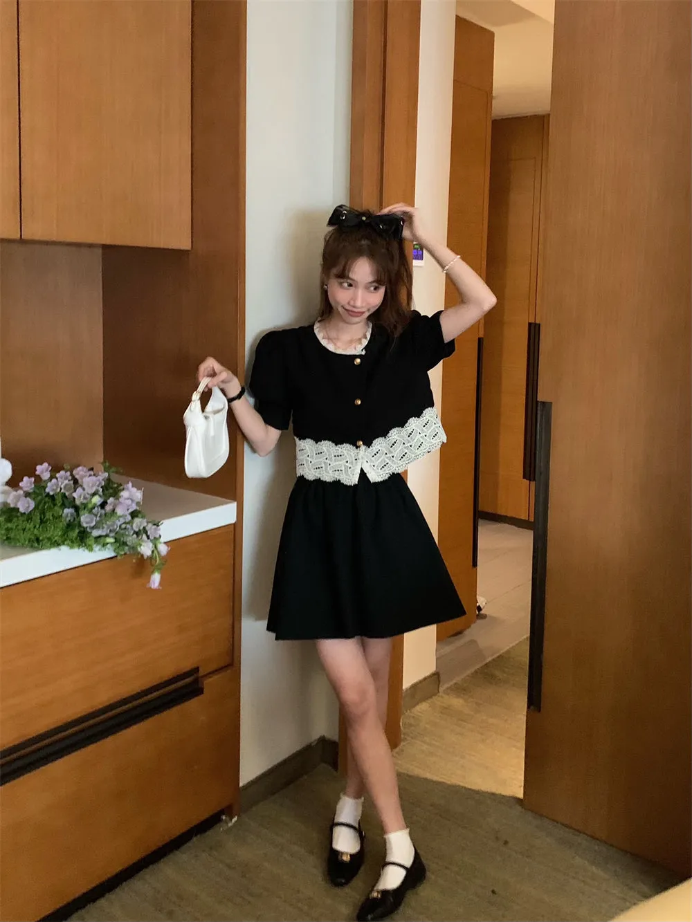 [Korean Style] Black Puff Sleeve Lace Shirt Skirt 2 pc Set