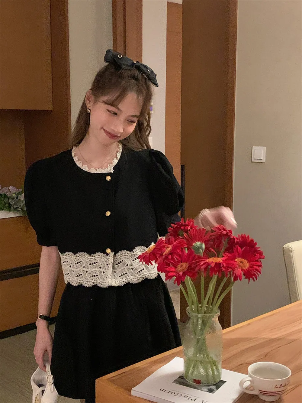 [Korean Style] Black Puff Sleeve Lace Shirt Skirt 2 pc Set