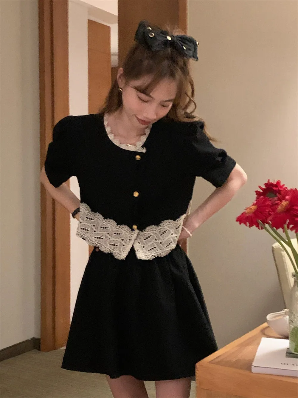 [Korean Style] Black Puff Sleeve Lace Shirt Skirt 2 pc Set