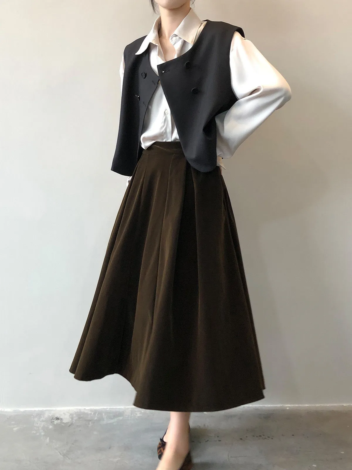 [Korean Style] High Quality French Style Pleated A Line Midi Skirt