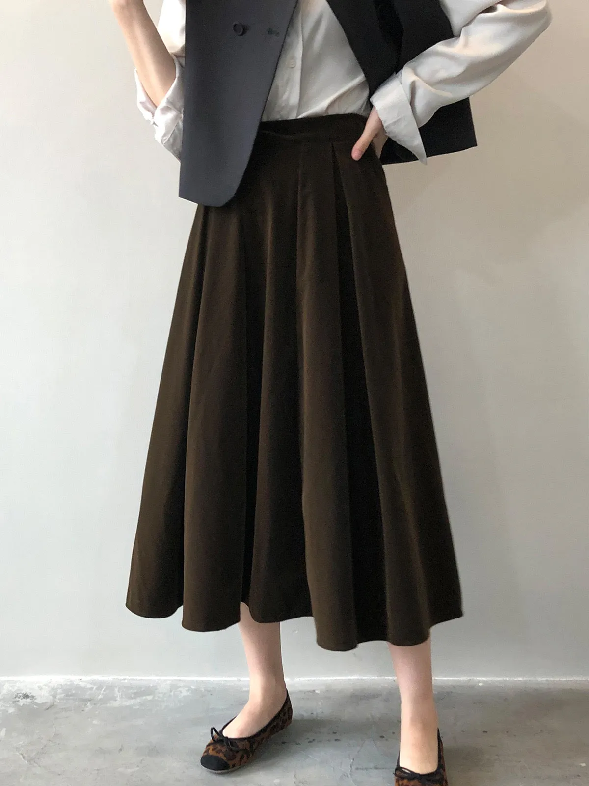 [Korean Style] High Quality French Style Pleated A Line Midi Skirt