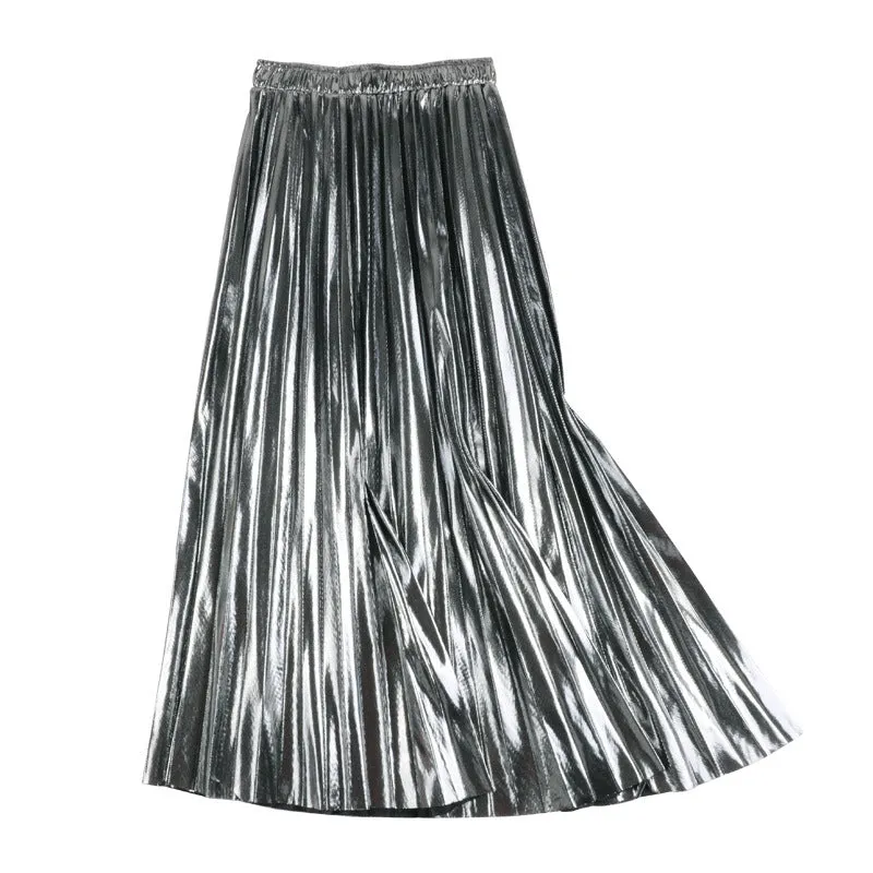 Korean Style Reflective Pleated Midi A-line Skirt