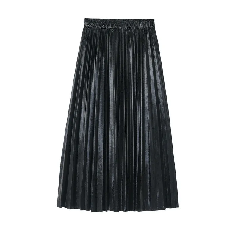 Korean Style Reflective Pleated Midi A-line Skirt