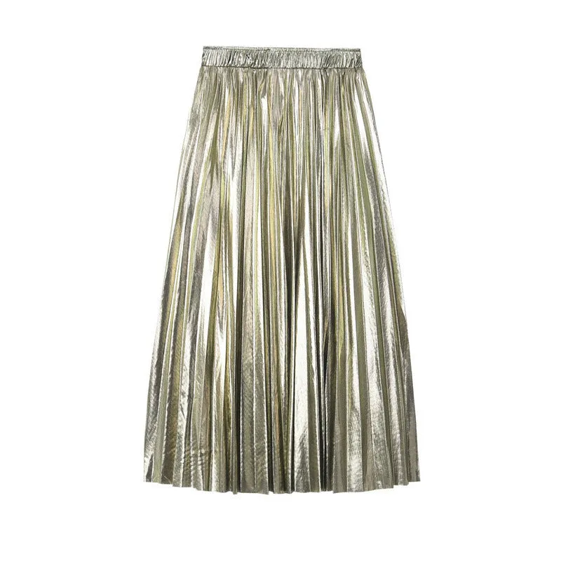 Korean Style Reflective Pleated Midi A-line Skirt