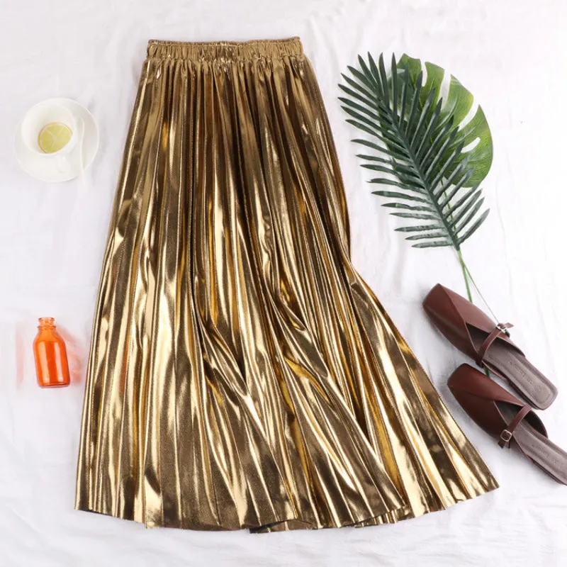 Korean Style Reflective Pleated Midi A-line Skirt