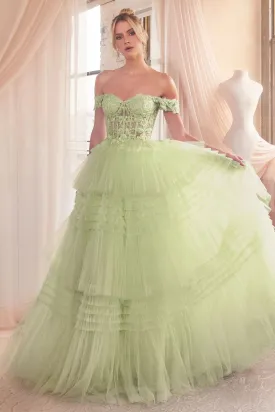Ladivine 9315 Long Layered Tulle Ballgown Sheer Lace Corset Prom Dress off the shoulder