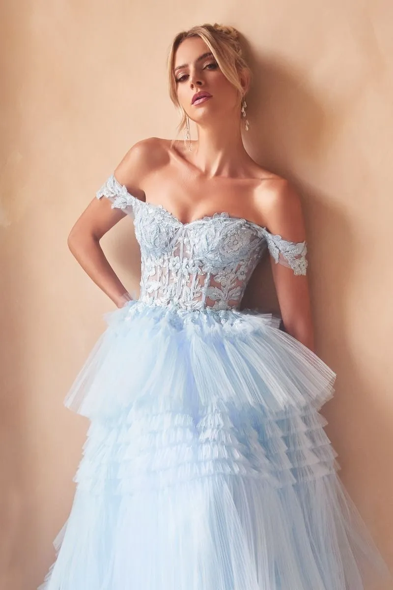 Ladivine 9315 Long Layered Tulle Ballgown Sheer Lace Corset Prom Dress off the shoulder