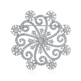 Large Winter Swirl CZ Snowflake Brooche Pin Silver Plated Brass for Holiday Party