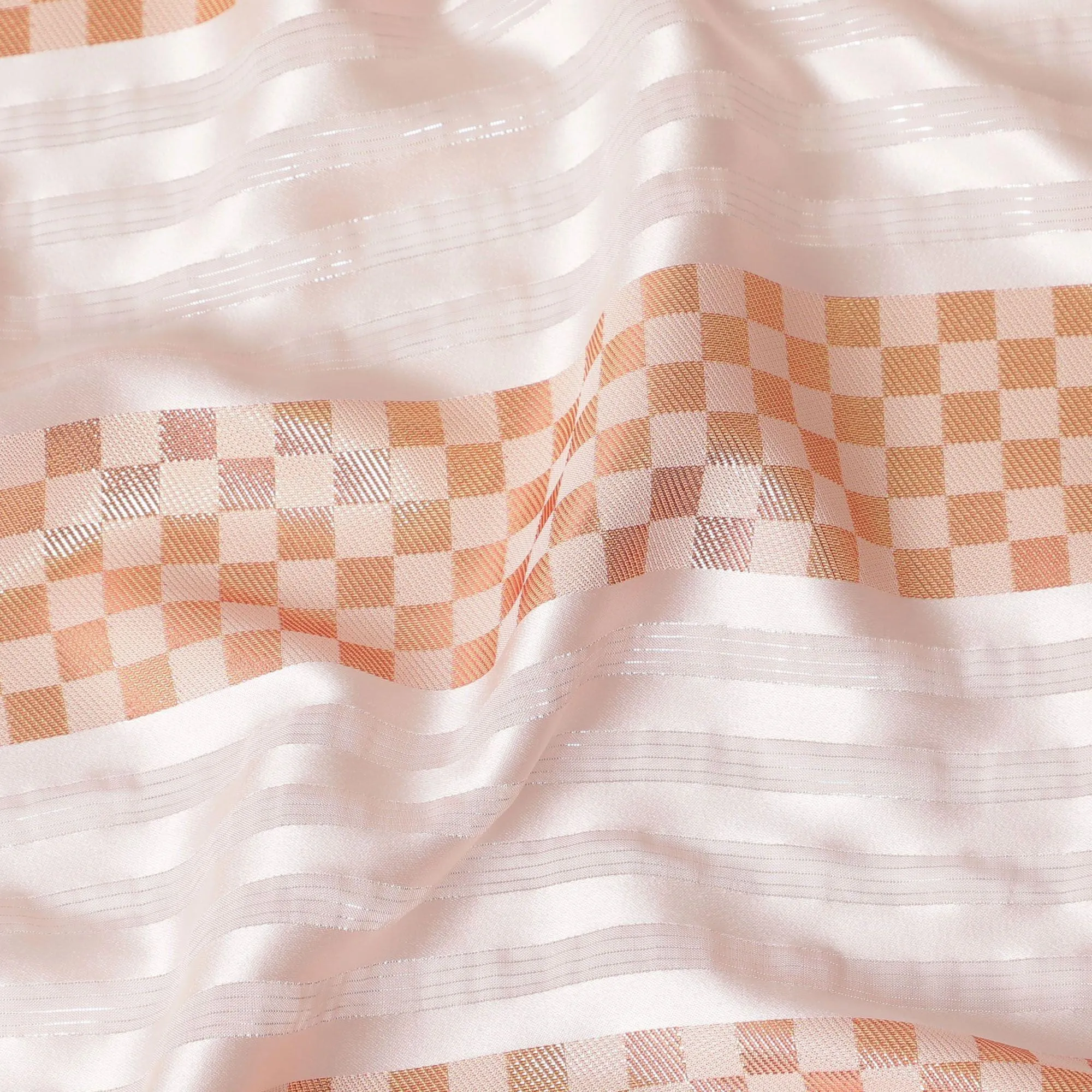 Light peach synthetic crepe fabric with gold metallic lurex weave in stripe design-D15381