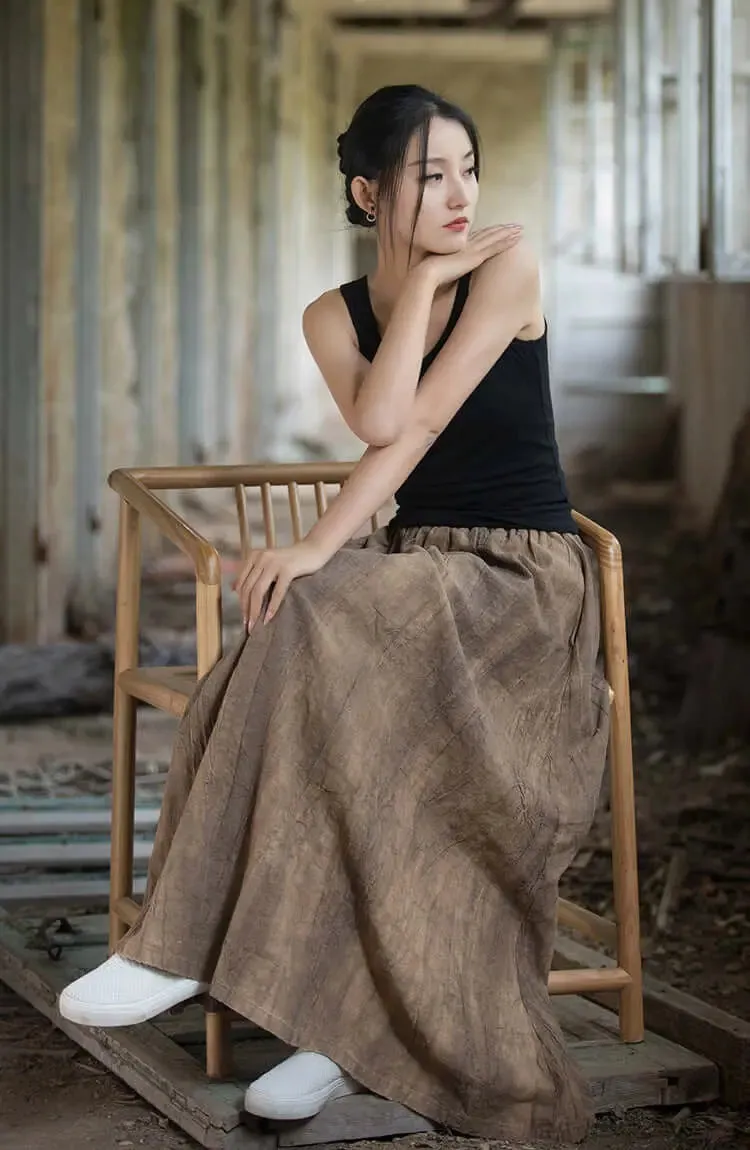 Linen Maxi Skirt a line skirt High Elastic Waist skirt