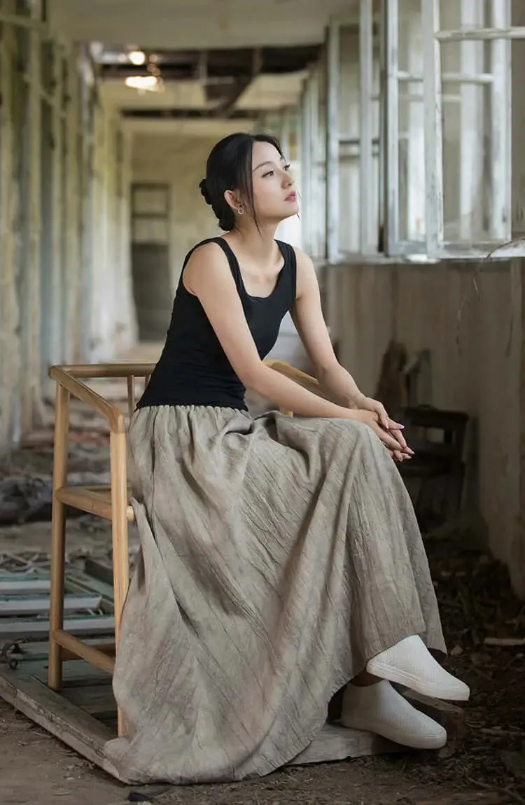 Linen Maxi Skirt a line skirt High Elastic Waist skirt