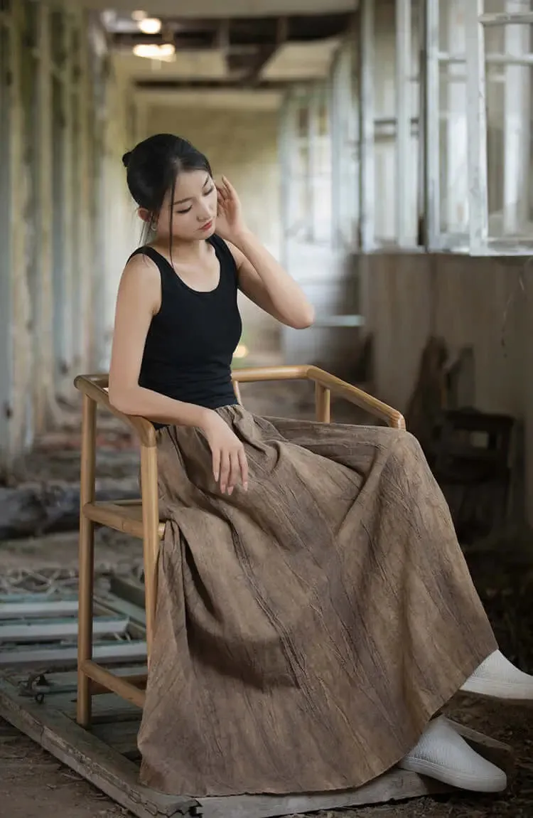 Linen Maxi Skirt a line skirt High Elastic Waist skirt